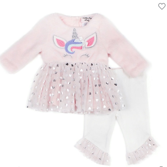 Little Lass UNICORN peplum hearts ur Shirt pants Pink  Girls 2pc Pant Set 24M - Picture 3 of 13